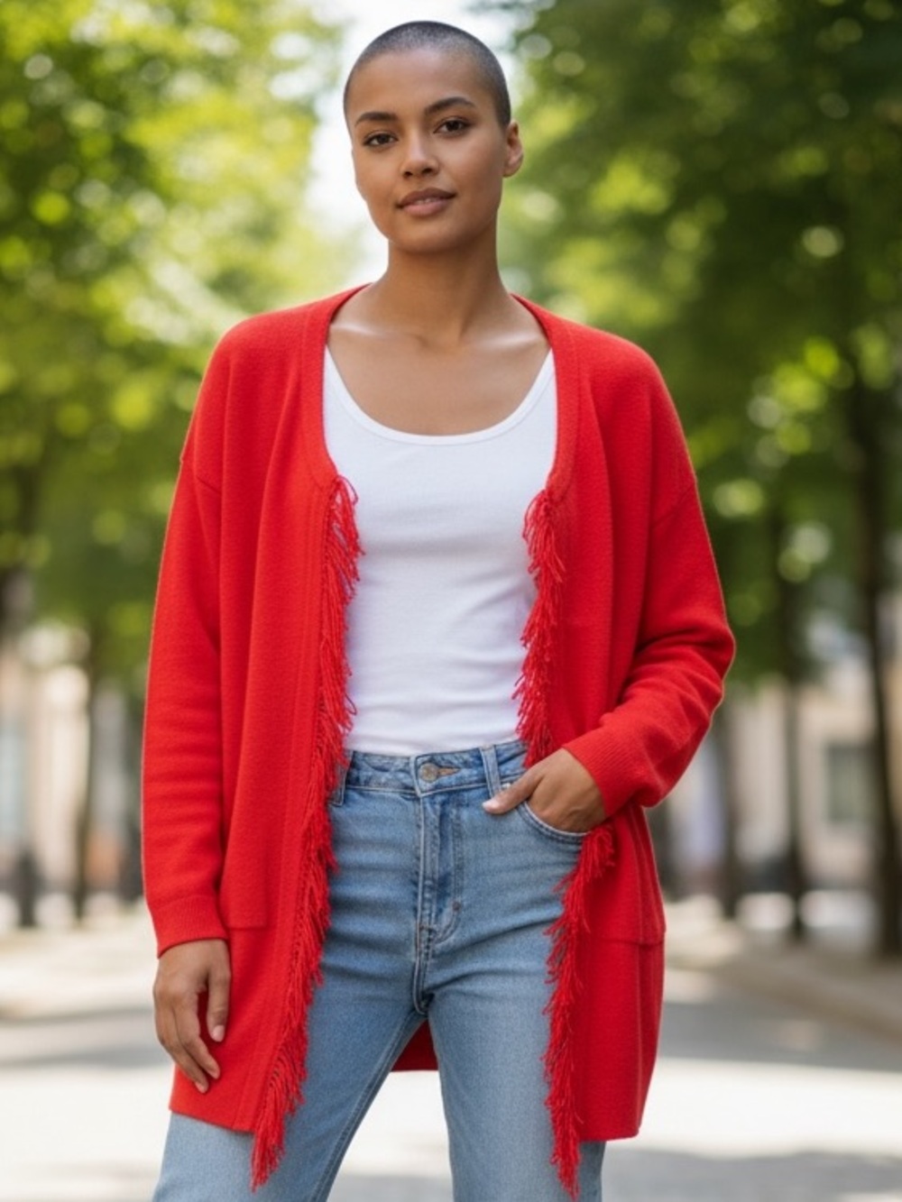 NWOT Y2K RED COTTON CARDIGAN SWEATER FRINGE EDGING RELAXED FIT TALBOTS SZ LP